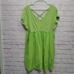 NEW Bohme Eyelet Babydoll Mini‎ Dress Sz M Lime Green Festival Cottage Fairy